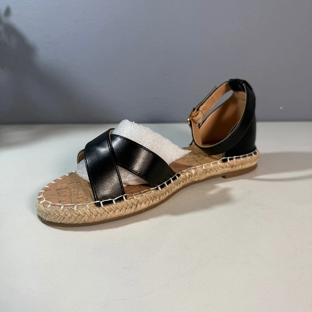 Journee Collection Women Black Espadrille Flat Sandals Ankle‎ Strap Size 8W